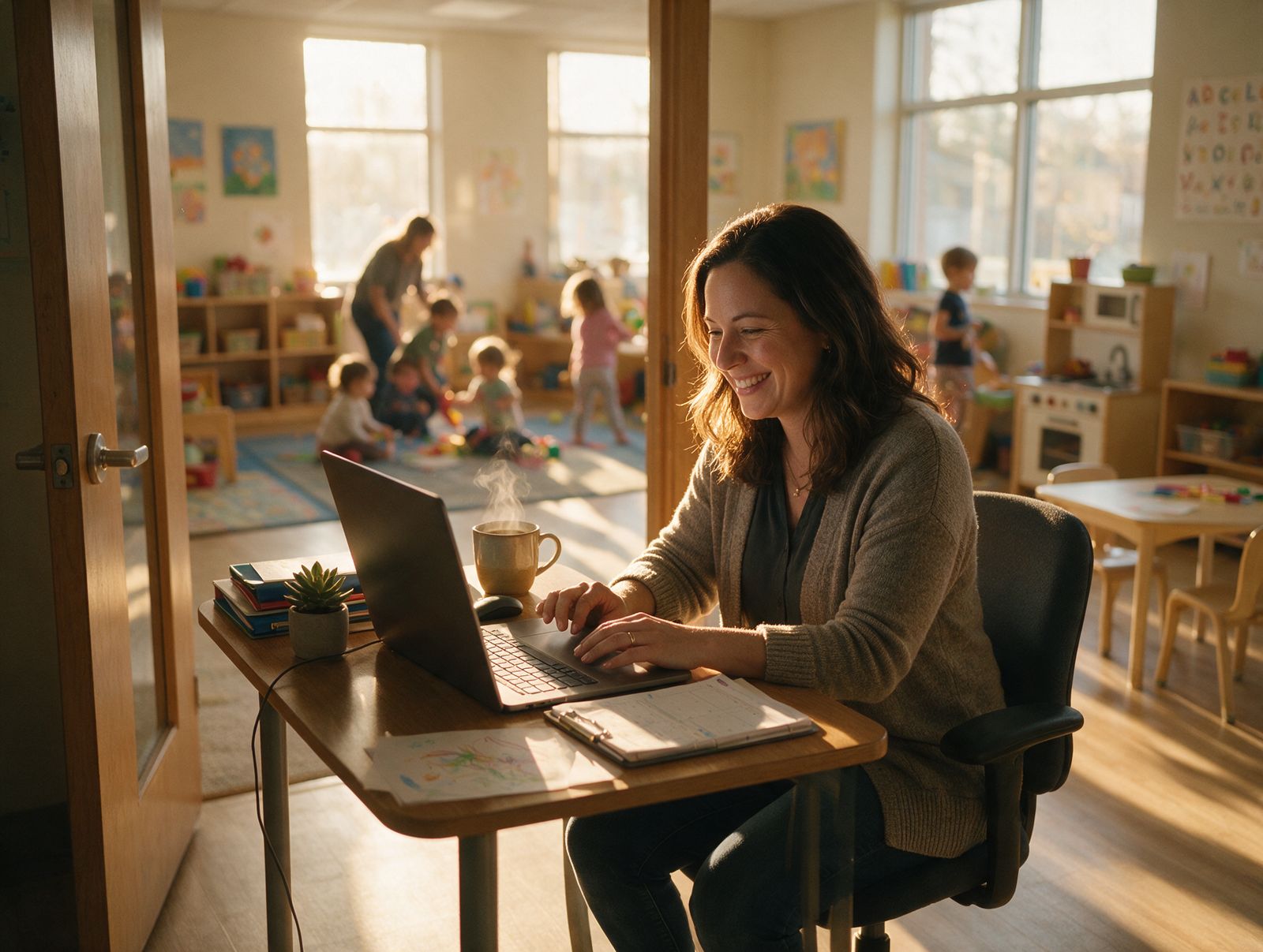 A smiling child care director at her desk