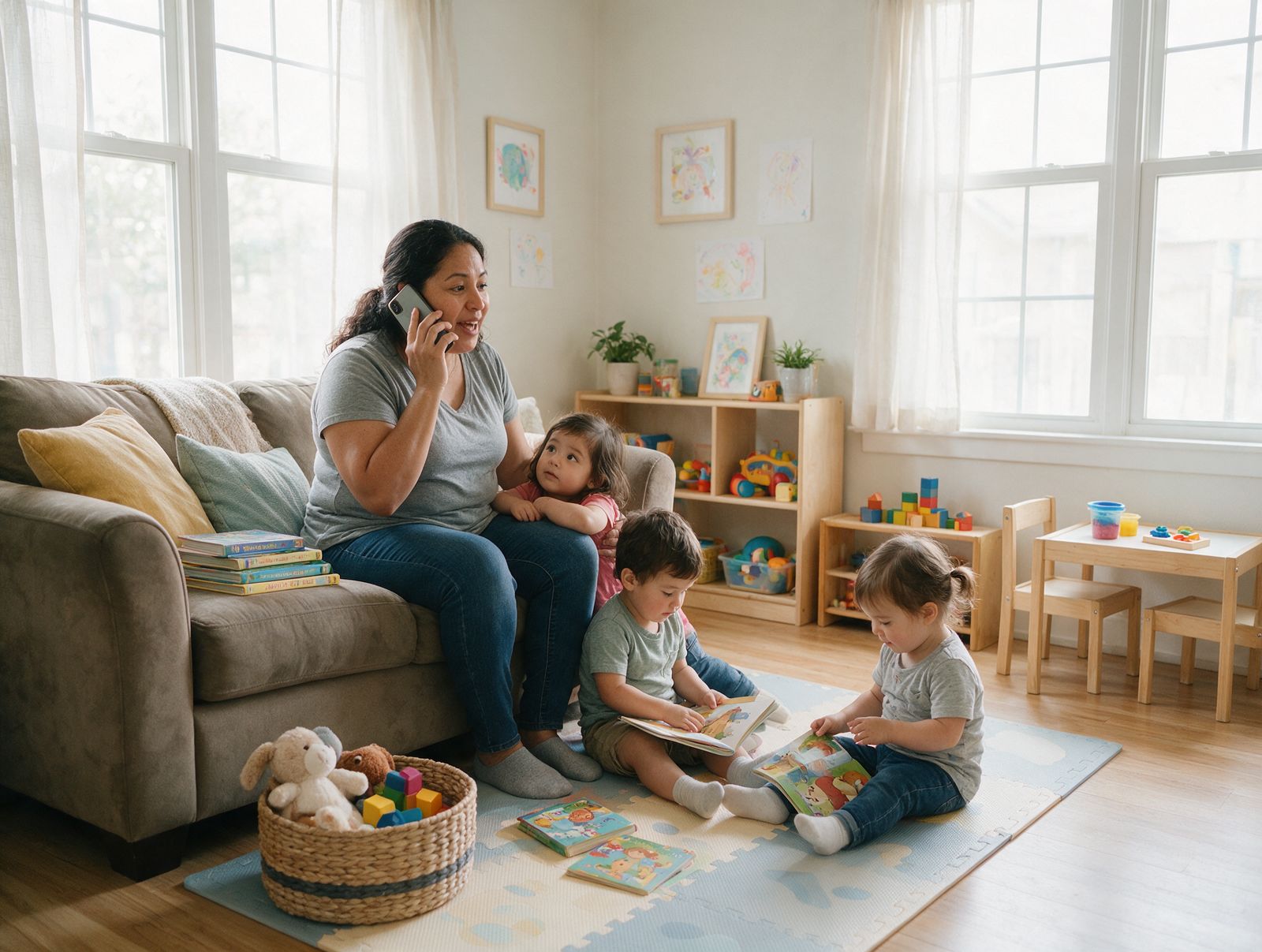 A family child care provider with children reading on a rug