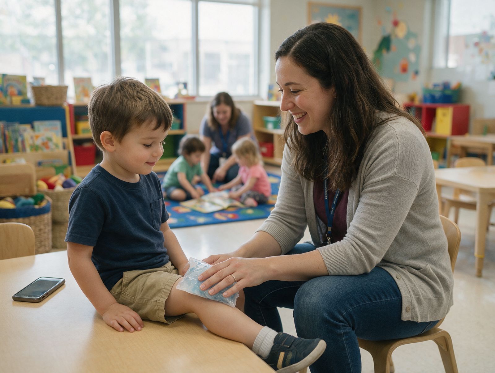 A teacher holds a cold pack on a little boy's knee