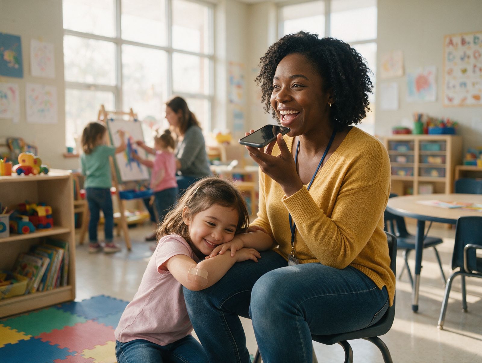 A teacher records an incident report by voice while a child with a bandage leans on her