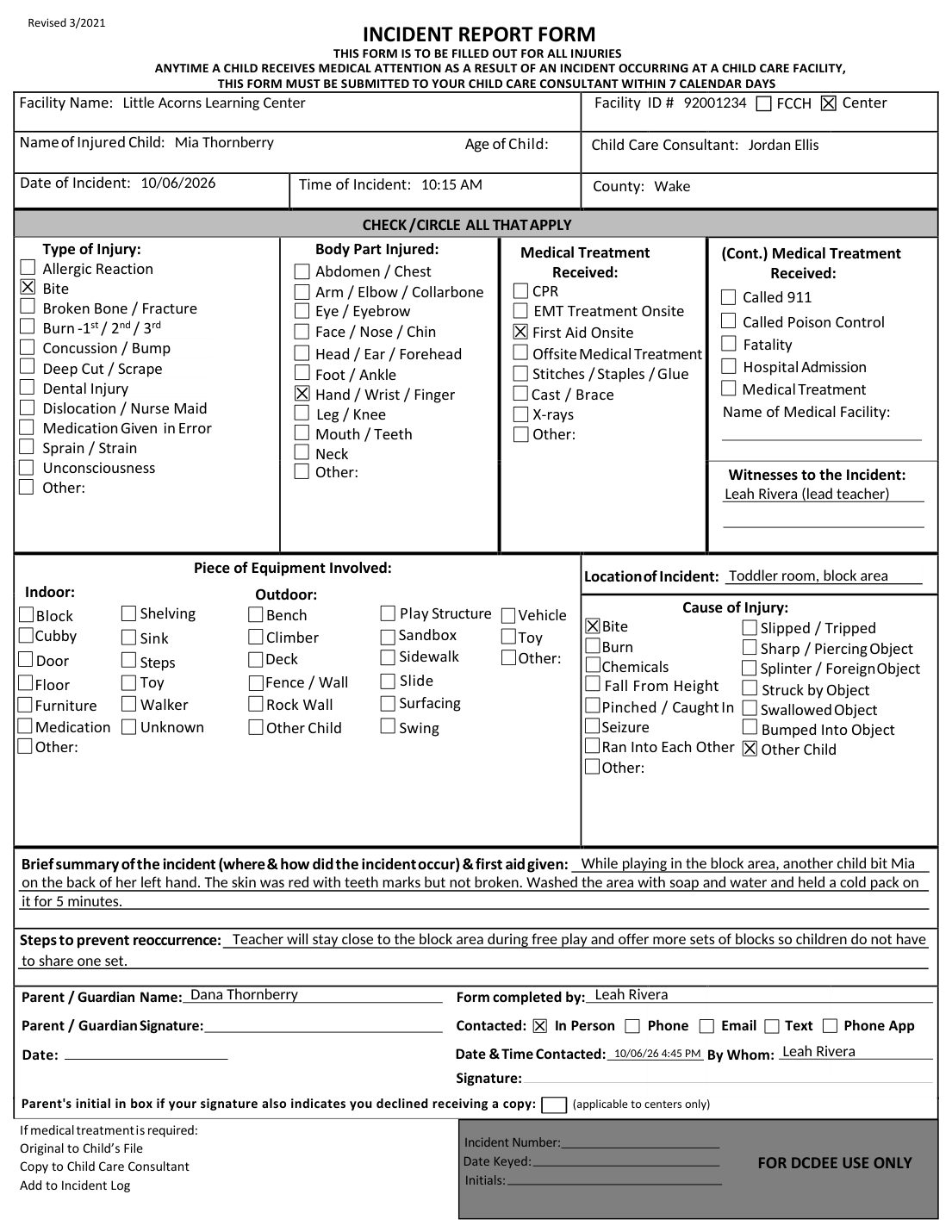 A filled-in NC DCDEE Incident Report Form (example with made-up names)