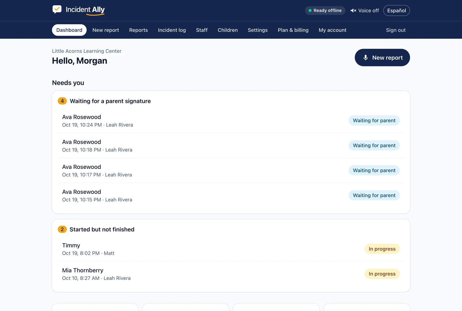 The Incident Ally manager dashboard (example data)