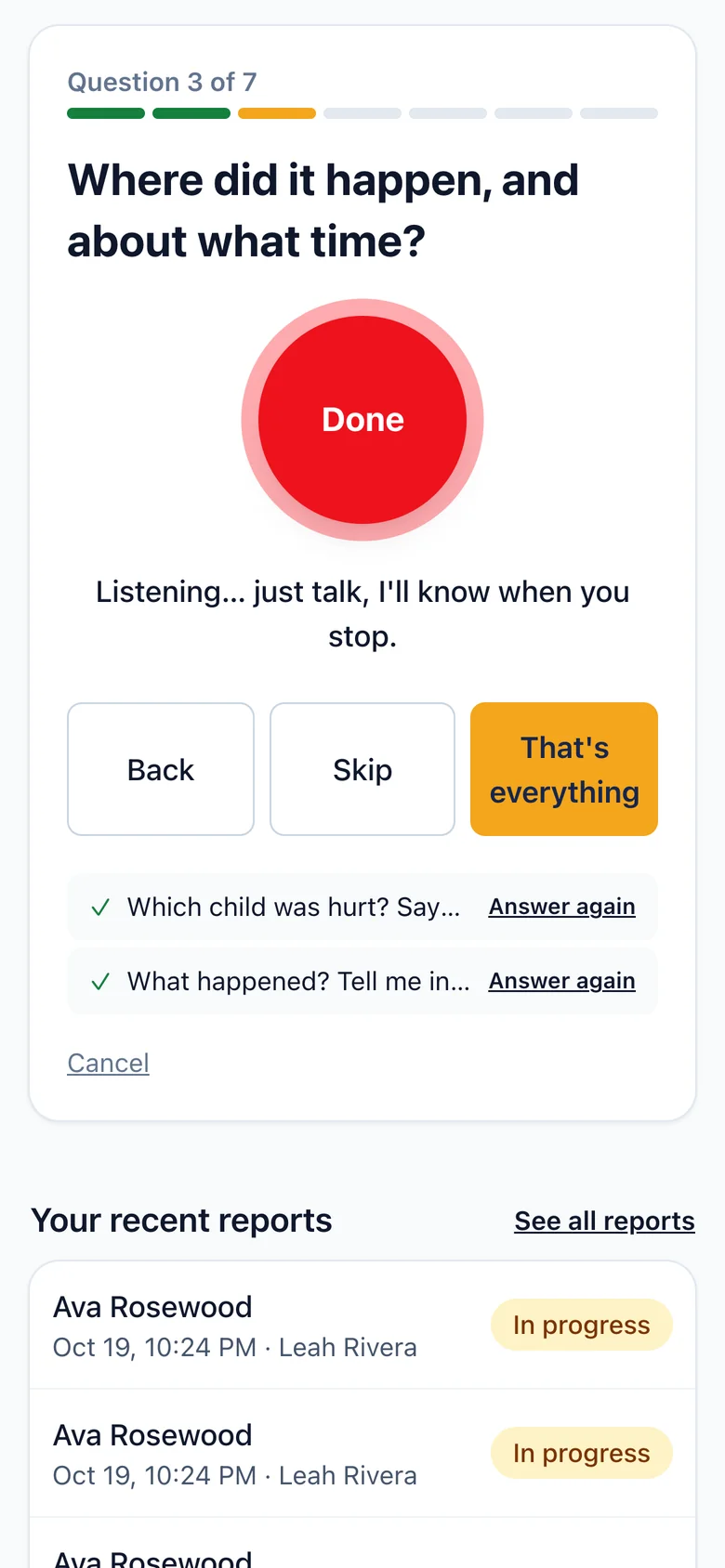 The Incident Ally app asking: Where did it happen, and about what time?
